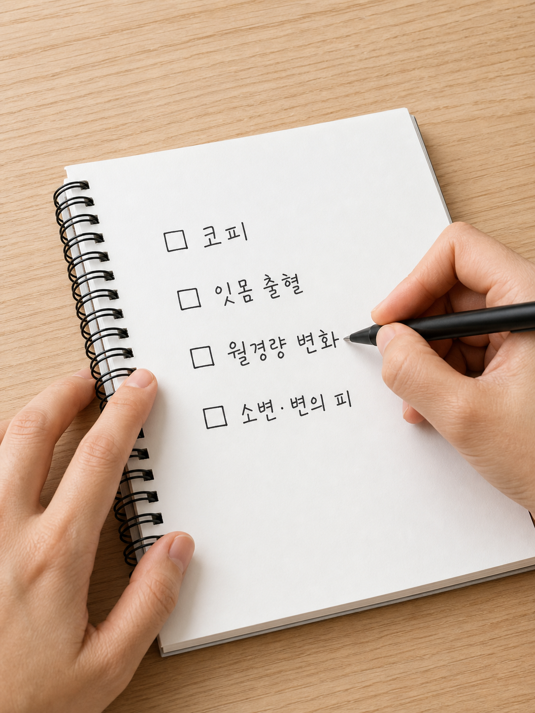 코피와 잇몸 출혈, 월경량 변화, 소변과 변의 피를 적은 비식별 메모 장면