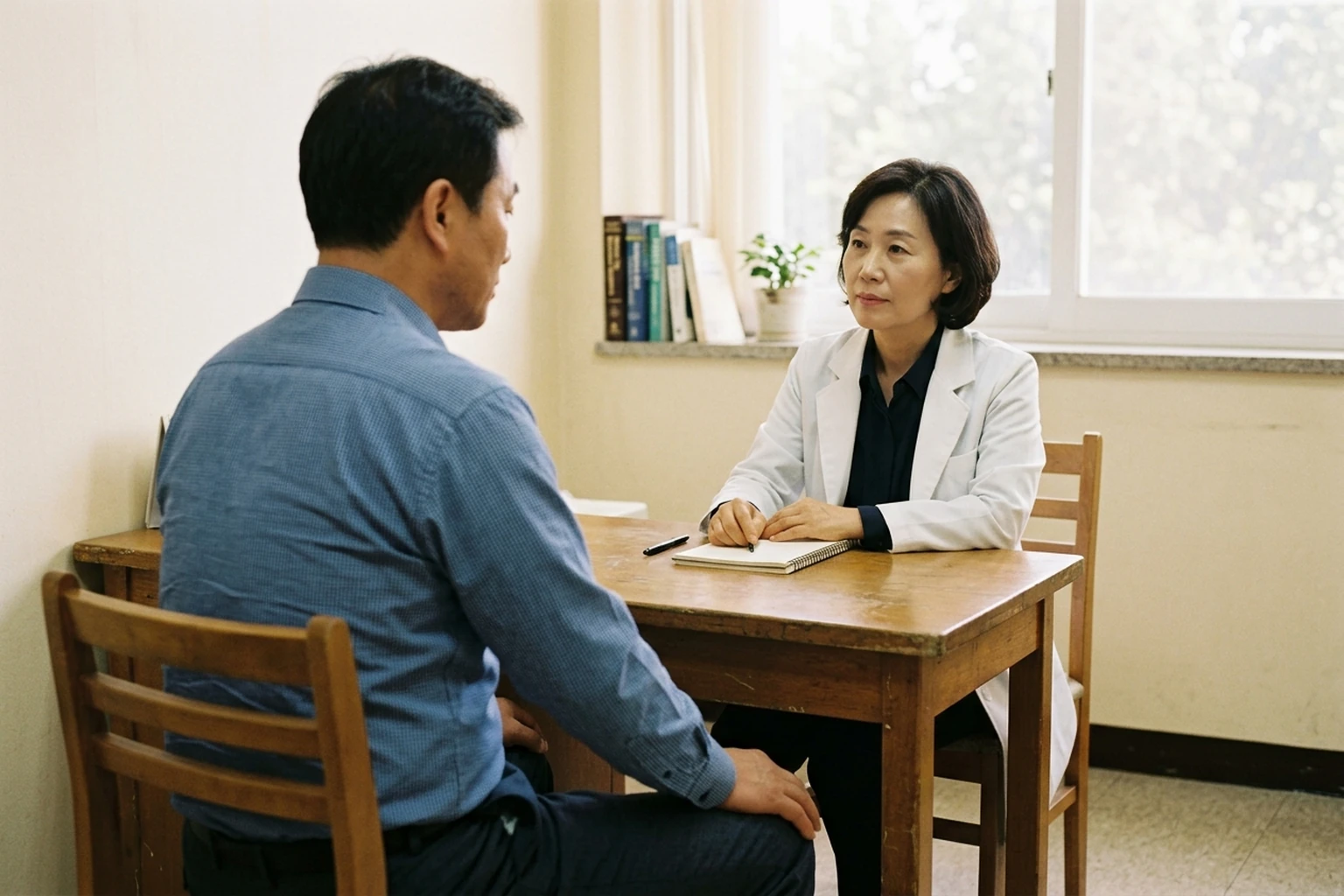 차분한 진료 공간에서 치료 방향을 설명하는 상담 장면