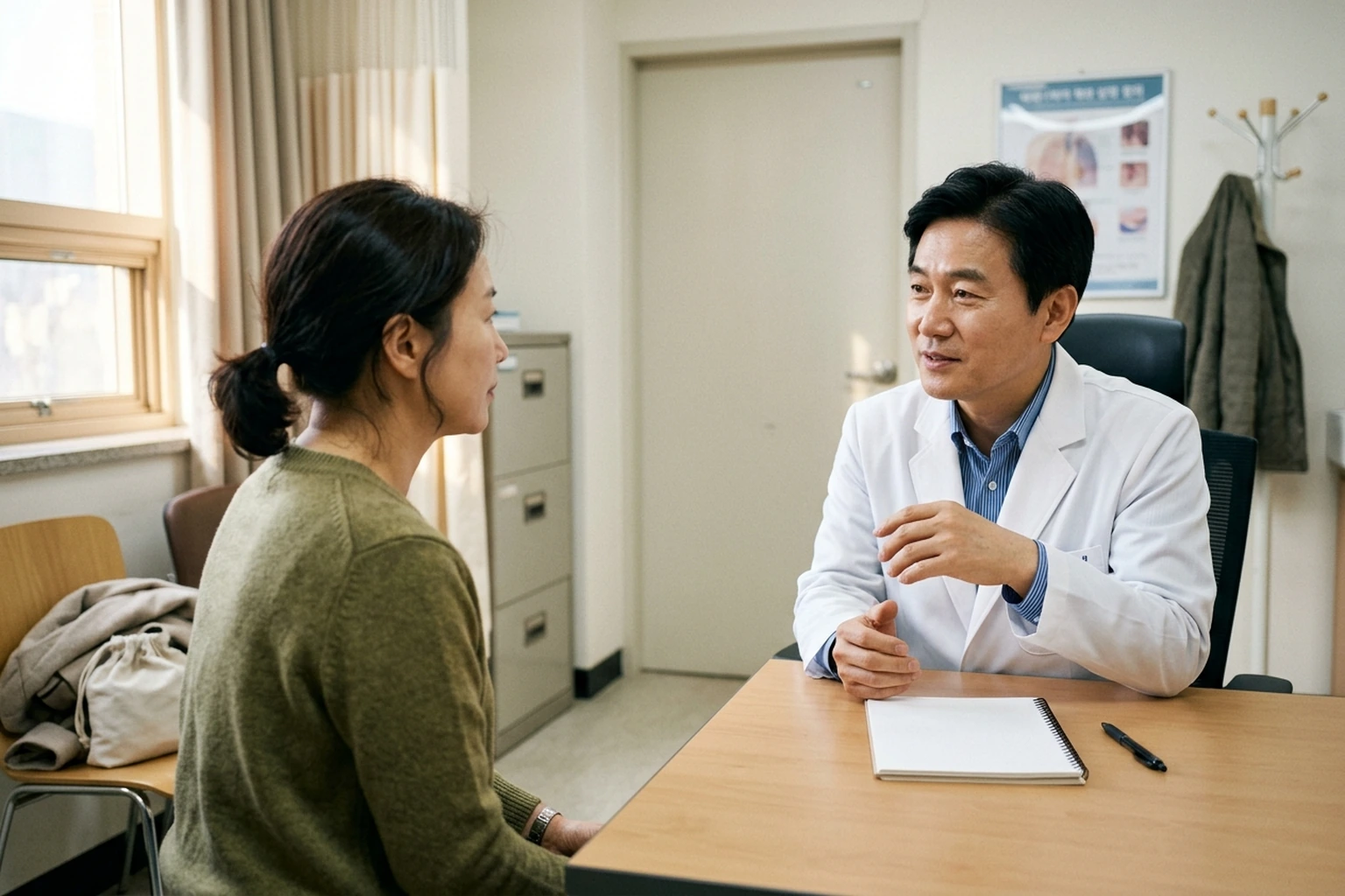 처음과 달라진 어지럼 양상을 의료진에게 차분히 설명하는 한국인 성인의 일반 상담 장면